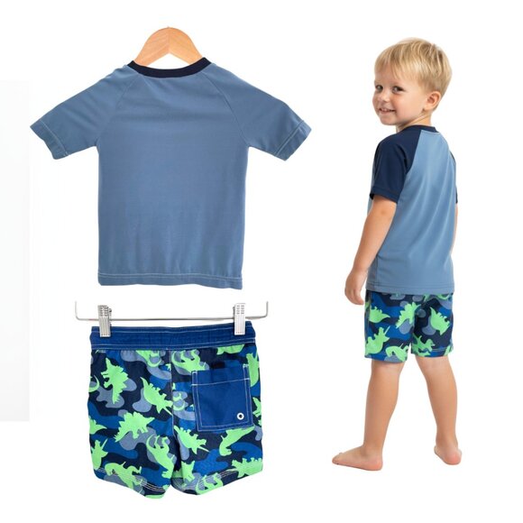 Gymboree Swim Suit Boys 2T Rash Guard Board Shorts 18-24 Dinosaur Blue Green - Picture 2 of 15